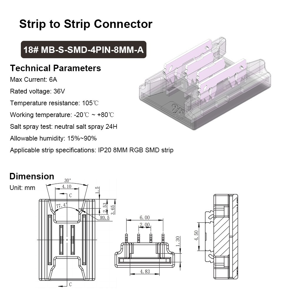 LED Strip Connector 4 Pin 8mm Wide Board to Board Quick Connectors for Non-Waterproof 8mm Wide RGB SMD 5050/3528 LED Light Strip
