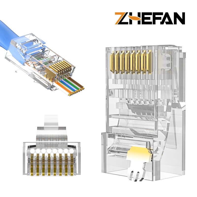 ZHEFAN 8p8c Rj45 Conector 3 Fork Network Ethernet Utp Unshielded Rj45 Plug Connectors Cat6 Cat5e Pass Through Rj45 Connector