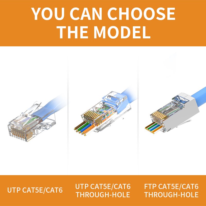 ZHEFAN 8p8c Rj45 Conector 3 Fork Network Ethernet Utp Unshielded Rj45 Plug Connectors Cat6 Cat5e Pass Through Rj45 Connector
