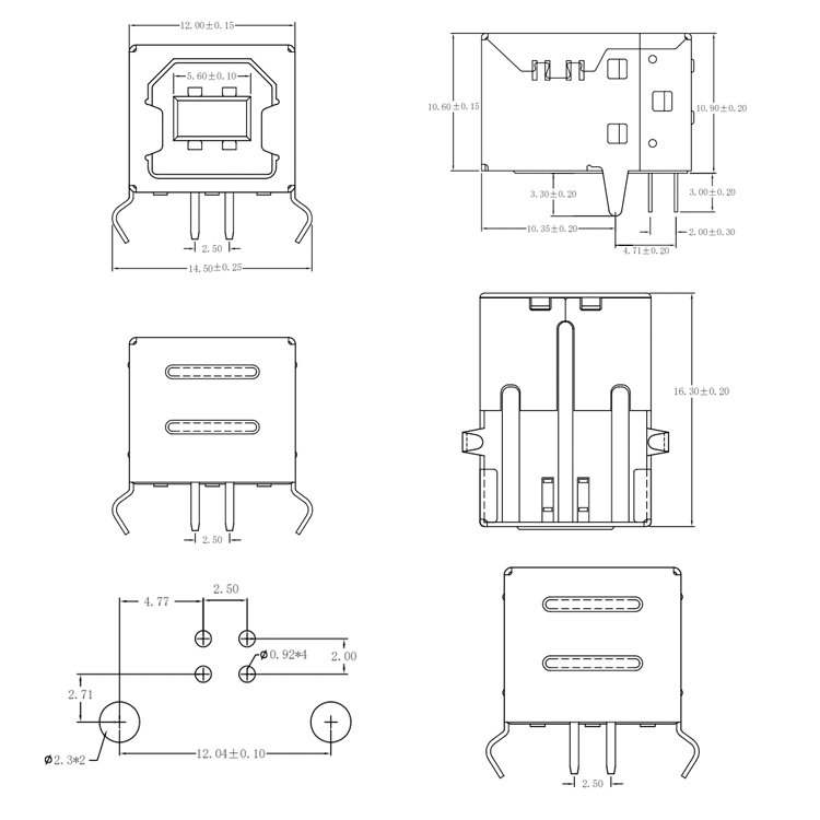 Right Angle USB 2.0 Type B Female Socket 4 Pin PCB Connector DIP Type