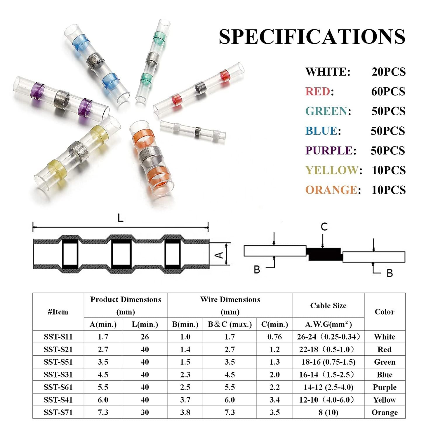 Insulated Electrical Wire Splicing Tube Heat Shrink Butt Connectors Solder Seal Wire Terminals Connectors