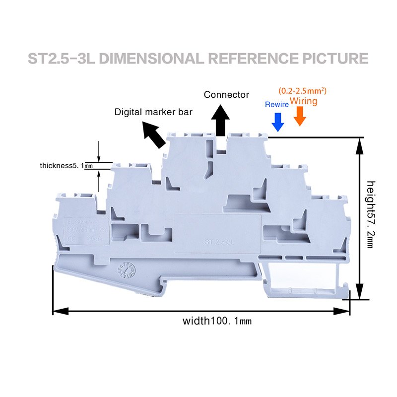 ST 2.5-3L three layer terminal block ST2.5-3L DIN rail spring connection terminal JST 2.5-3L wire connector