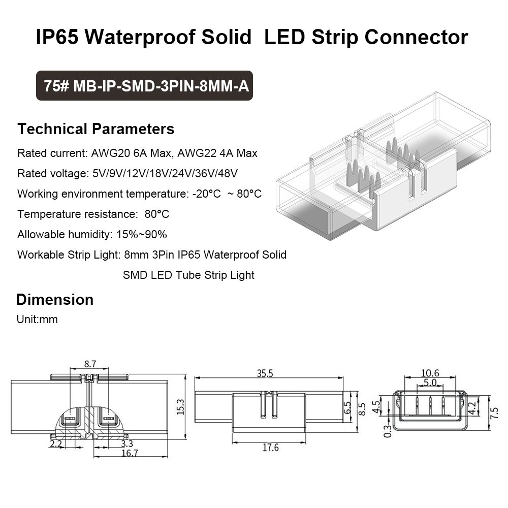 IP65 IP68 Waterproof LED Light Strip smd connector 3 pin for Solid Silicone Tube SMD 8mm 3Pin CCT Color 24V 36V Strip Lights