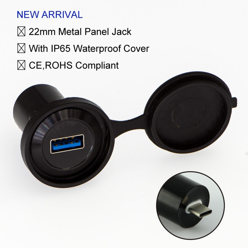 USB-18-BK USB3.1 Black Metal shell Panel Mount Connector Waterproof IP65 Type C Type A