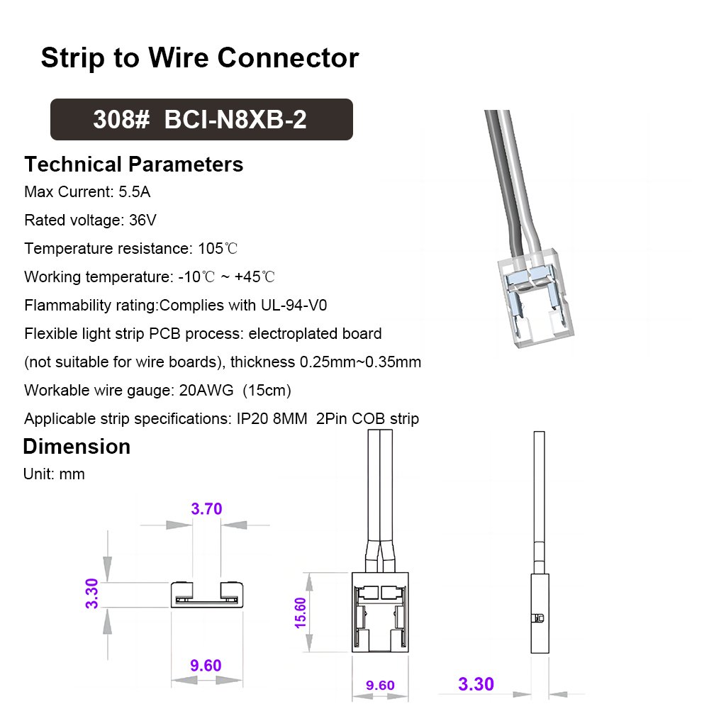 Factory Wholesale IP20 2pin Strip to Wire Single Color COB LED Strip Connector for 8mm High Density COB LED Strip Light