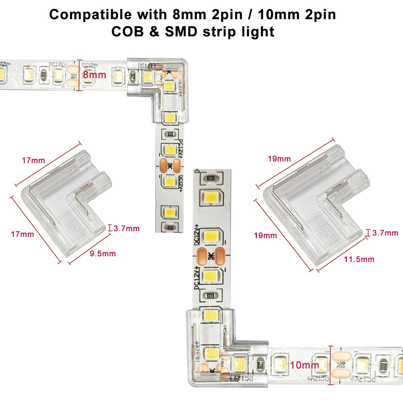 2Pin L-Shaped COB LED Connectors Strip to Strip Solderless Corner Connector for 2pin 8mm 10mm SMD COB LED Strip Lights