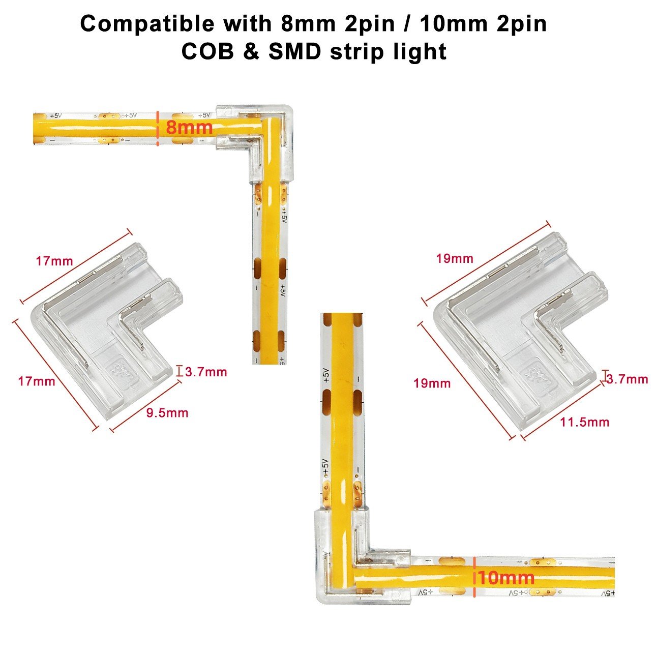 2Pin L-Shaped COB LED Connectors Strip to Strip Solderless Corner Connector for 2pin 8mm 10mm SMD COB LED Strip Lights