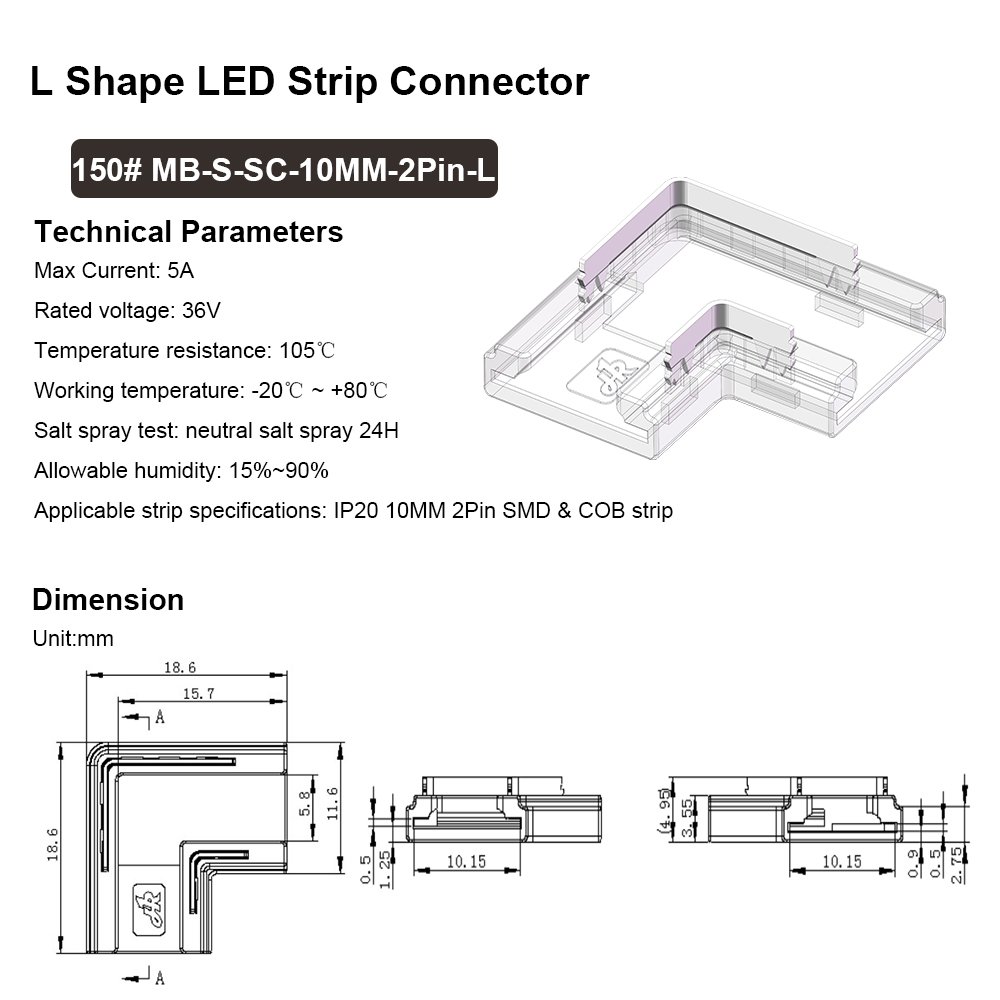 2Pin L-Shaped COB LED Connectors Strip to Strip Solderless Corner Connector for 2pin 8mm 10mm SMD COB LED Strip Lights