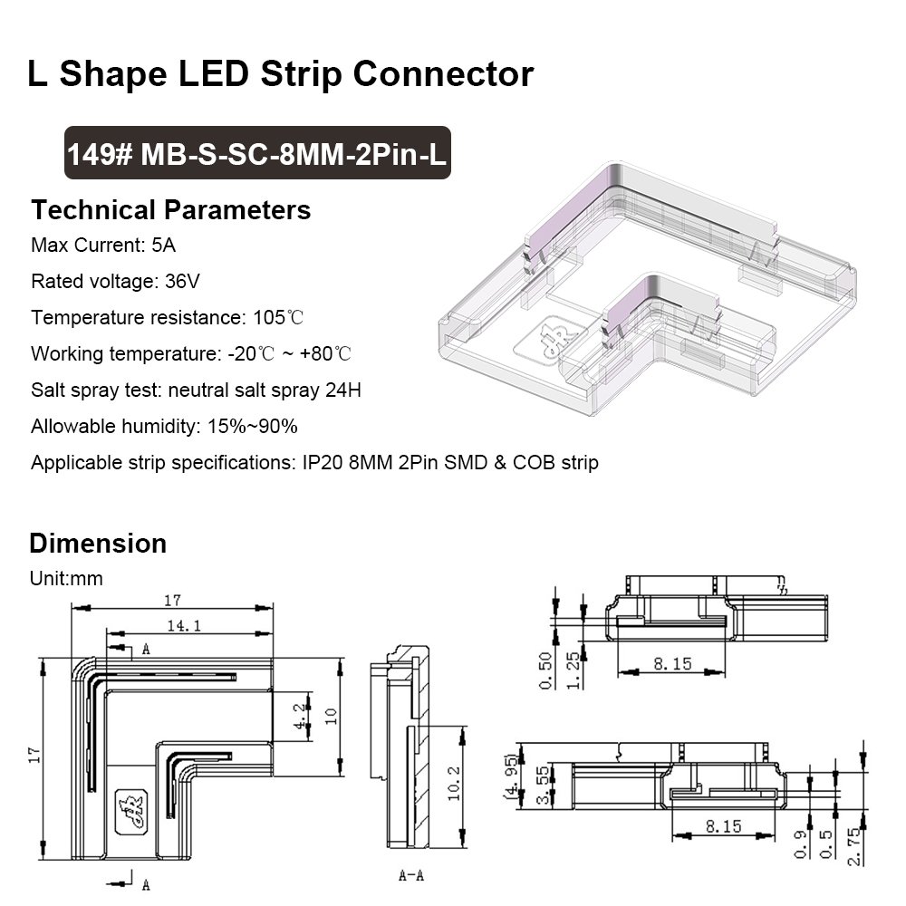 2Pin L-Shaped COB LED Connectors Strip to Strip Solderless Corner Connector for 2pin 8mm 10mm SMD COB LED Strip Lights