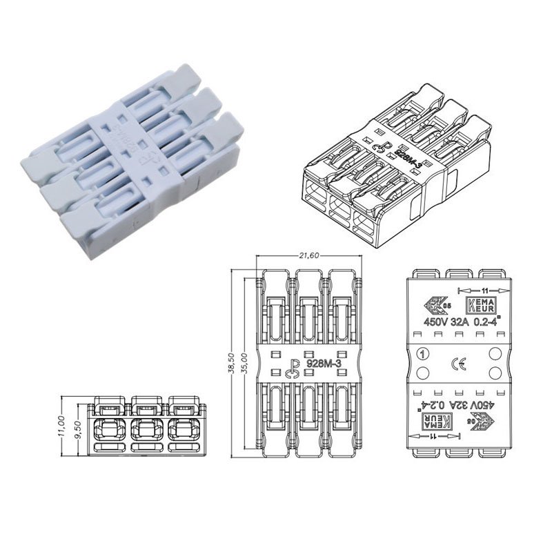 Screwless Spring type quick wire connector plastic electrical terminal block for LED lighting 928M-3