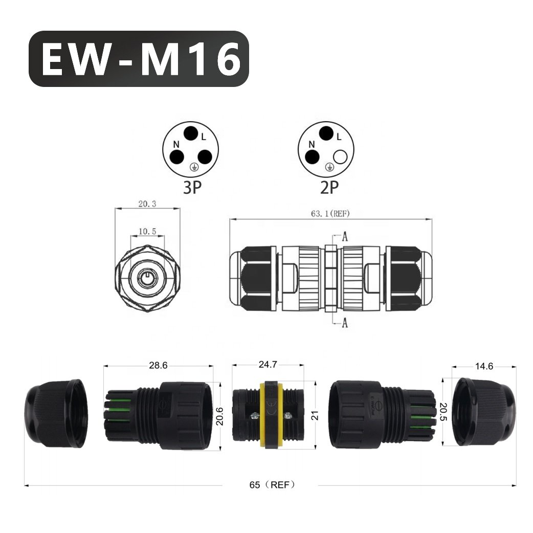 2 Pin 3 Pin Plastic Electronic Wire Connector Waterproof Power Cable Connector 3pin M16 IP68 waterproof connector