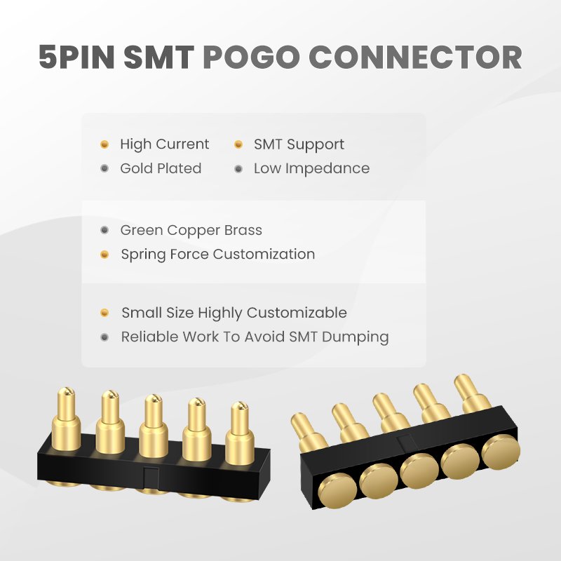 5Pin Pitch 2.54mm Customize Length 5V2A 12V 2A Gold Plated Single Row SMT 5 Pin Pogo Connector