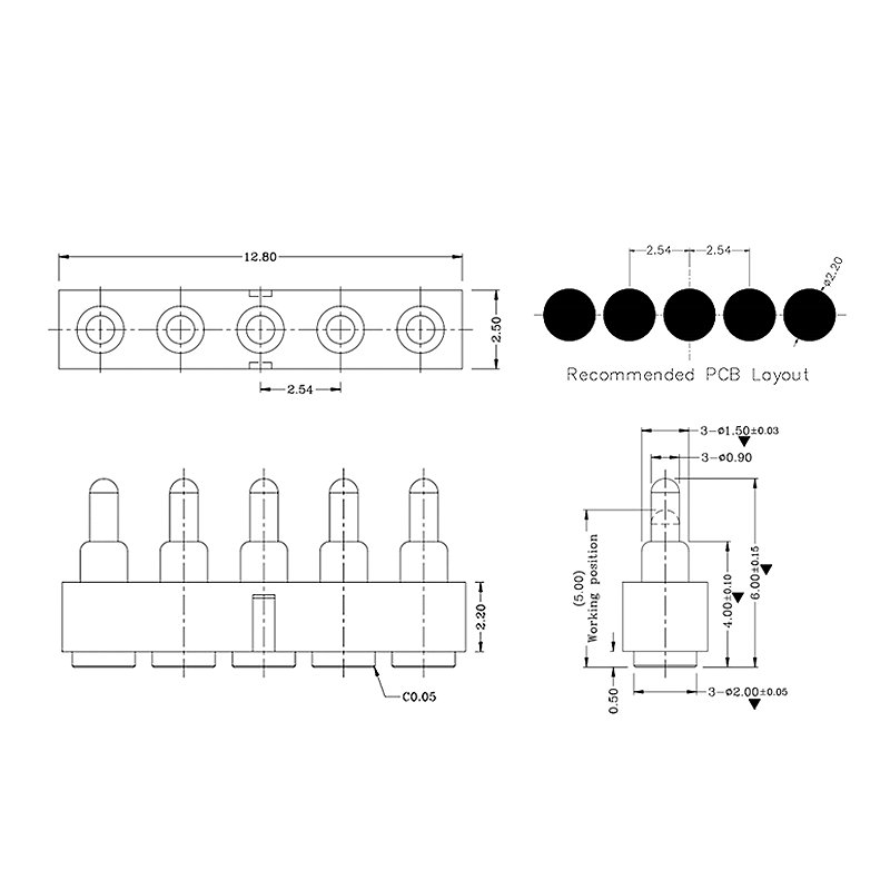 5Pin Pitch 2.54mm Customize Length 5V2A 12V 2A Gold Plated Single Row SMT 5 Pin Pogo Connector