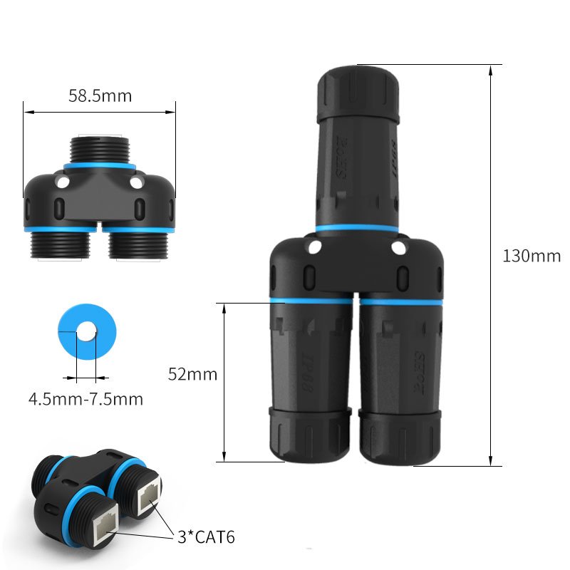 TOP IP68 RJ45 Splitter Explosion-proof Female LAN CAT6A Two way RJ45 Waterproof 8 Pin Connectors Splitter