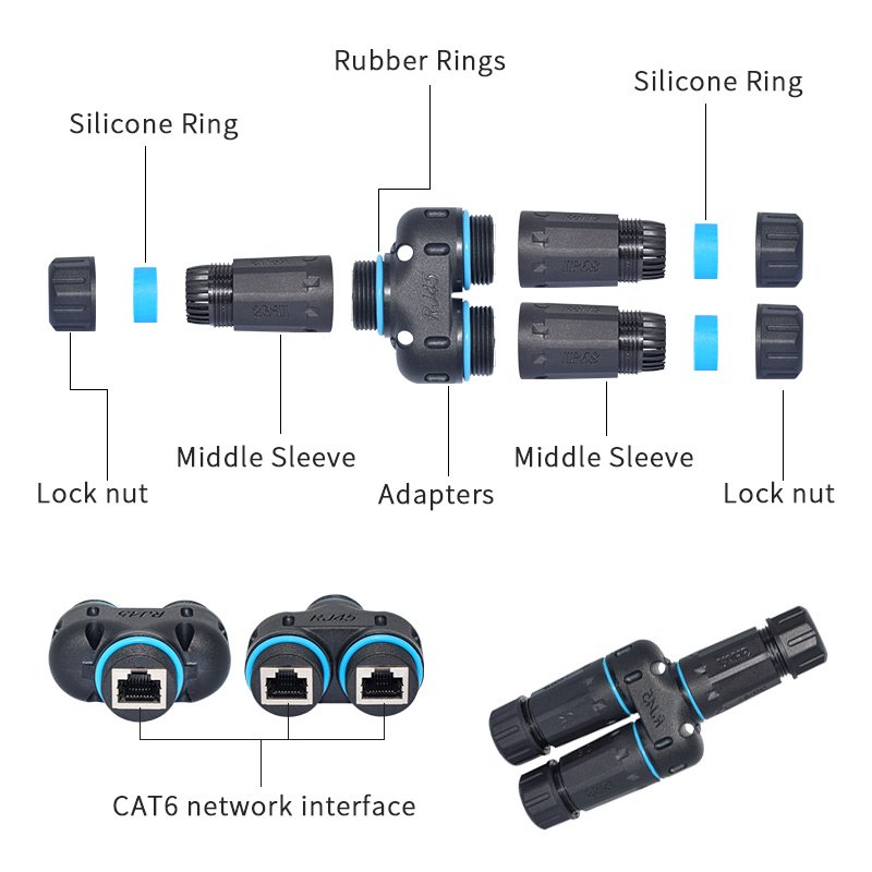 TOP IP68 RJ45 Splitter Explosion-proof Female LAN CAT6A Two way RJ45 Waterproof 8 Pin Connectors Splitter