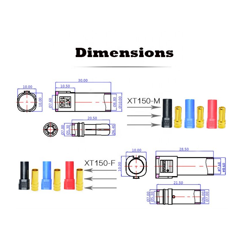Amass 6MM XT150 M F Connector Red Black Blue Hight Current Male Female EV XT150-M XT150-F XT 150 Banana Plug For RC Lipo Battery