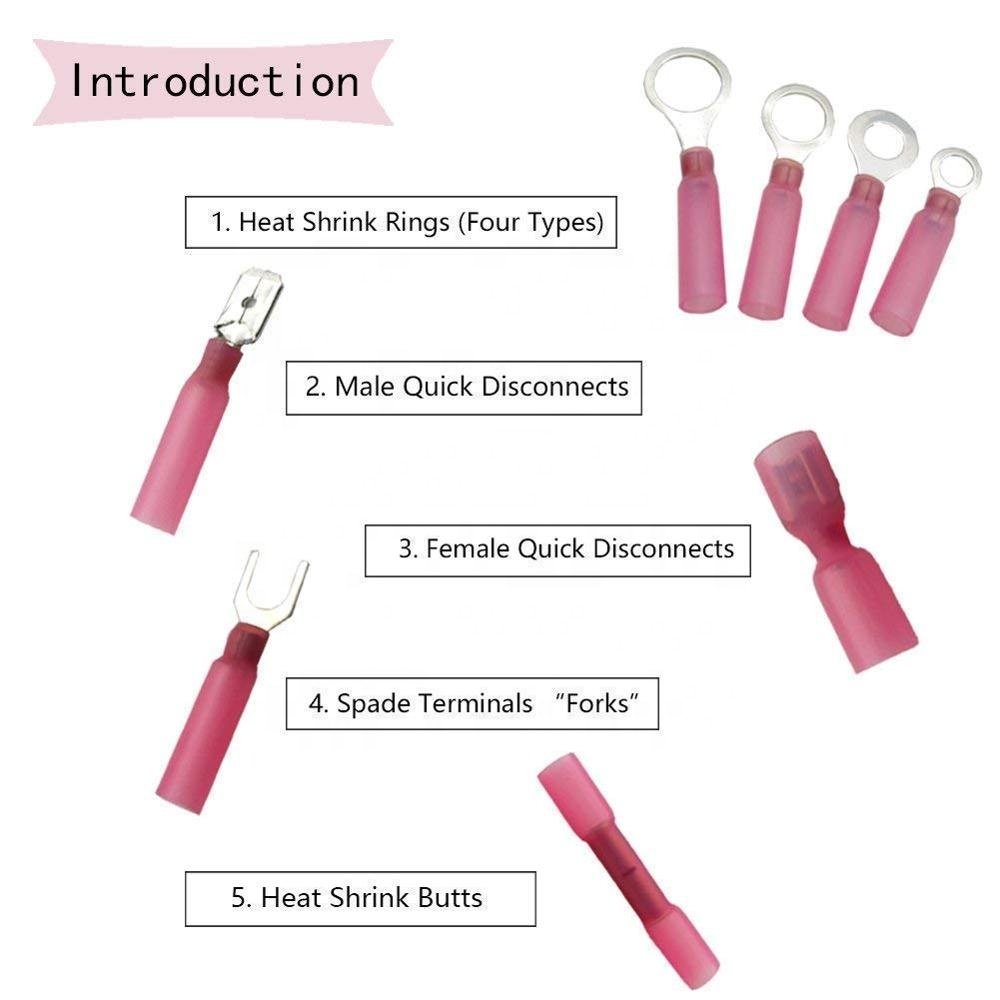 250PCS Heat Shrink Connectors - Insulated Automotive Marine Wire Terminal Kit/Ring Fork Hook Spade Butt Splices