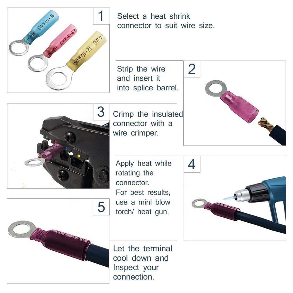 250PCS Heat Shrink Connectors - Insulated Automotive Marine Wire Terminal Kit/Ring Fork Hook Spade Butt Splices