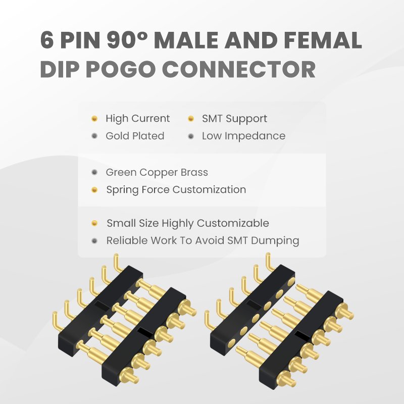 6Pin 5V 2A Right Angle 90 Degrees 6 Pin Pitch 2.54mm Gold Plated DIP Contact Males Pogo Pin Pogopin Connector