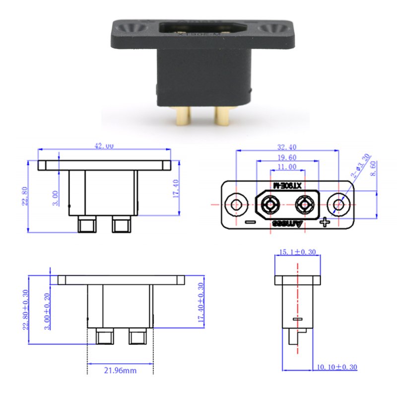 Amass XT90E-M plugs with holes for securing high current gold plated model aircraft connectors