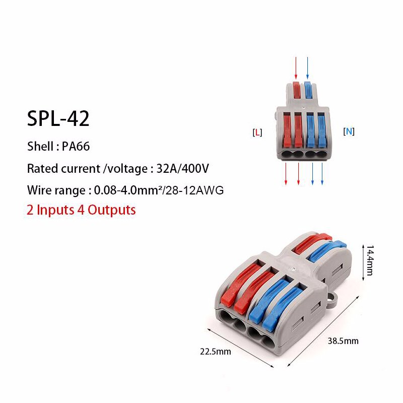 2 In 4 Out Mini Quick Fast Wire Connector Universal Wiring Cable Connector Push-in Conductor Terminal Block SPL-42