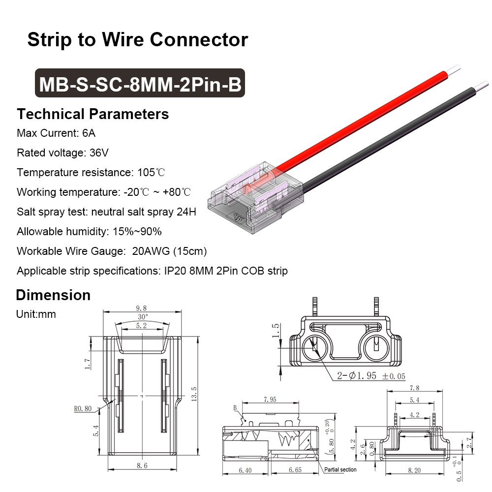 8mm 2Pin Board to Wire COB Strip Connector Gapless Solderless LED Strip Connector for COB Led Strip Light