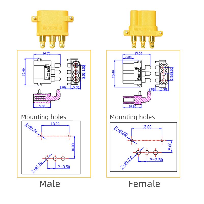 Amass MR30PW Male and Female Horizontal Three-core Model Airplane Power High-current Battery Plug Connector