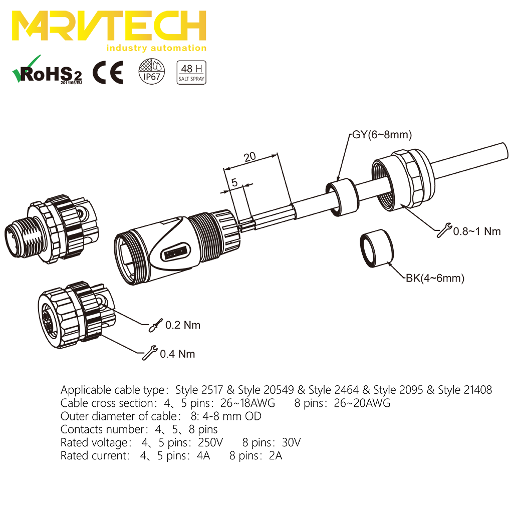 Marvtech M12 4 pole female waterproof field assemble cable connector for factory automation, sensor/actuator boxes
