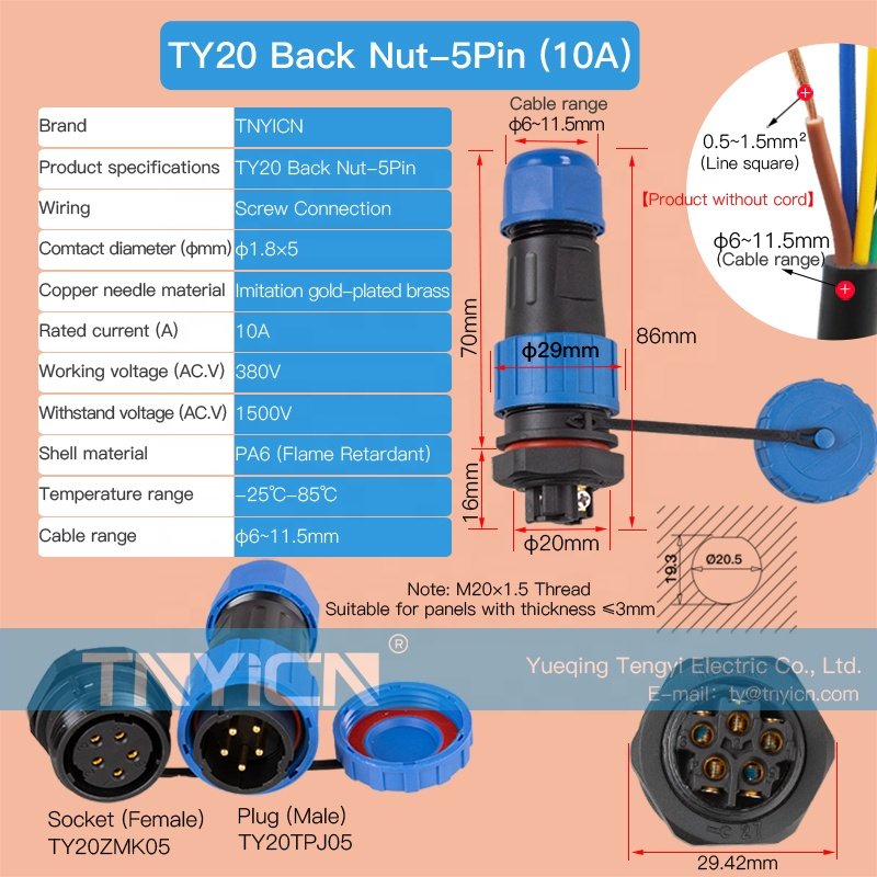TY20 Back Nut 5Pin 10A Solderless screw connection IP68 Panel Mount Male Female Power Plug Circular Waterproof Connectors