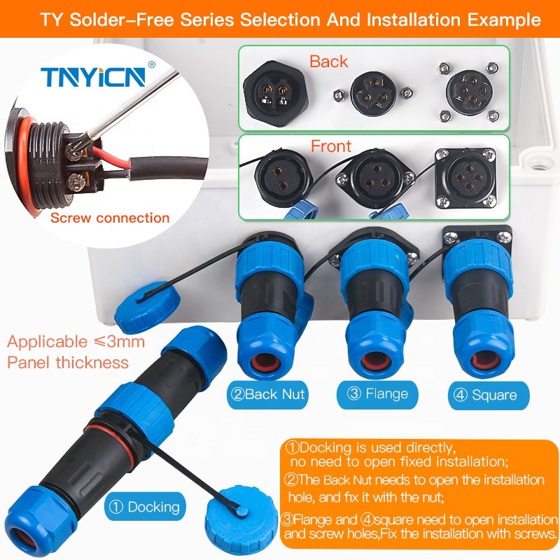 TY20 Back Nut 5Pin 10A Solderless screw connection IP68 Panel Mount Male Female Power Plug Circular Waterproof Connectors