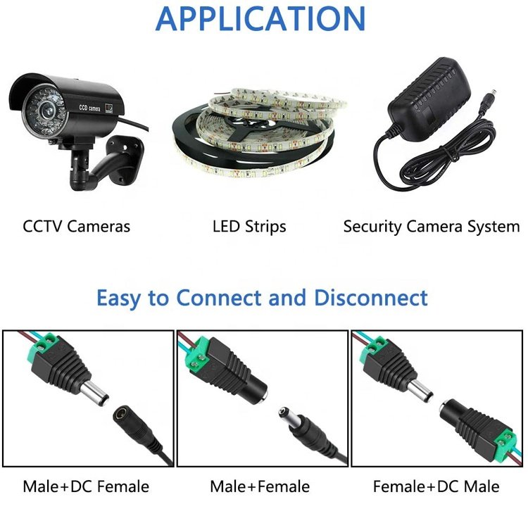Solderless 12v 24v 5.5x2.5mm 5.5x2.1mm Male DC Power Plug Connector Jack Adapter for CCTV Camera Led Strip Lights