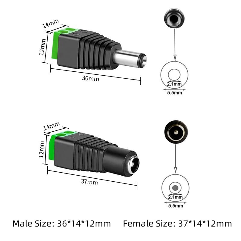 12V DC Power Connector 5.5mm x 2.1mm Male FemalePower Jack Adapter for Led Strip CCTV Security Camera Cable Wire Ends Plug