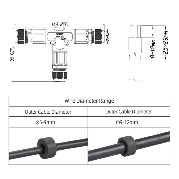 P20T Screwless T Type 3 Way 2 PIN Outdoor LED Strip Lighting IP68 Waterproof Fast Connector