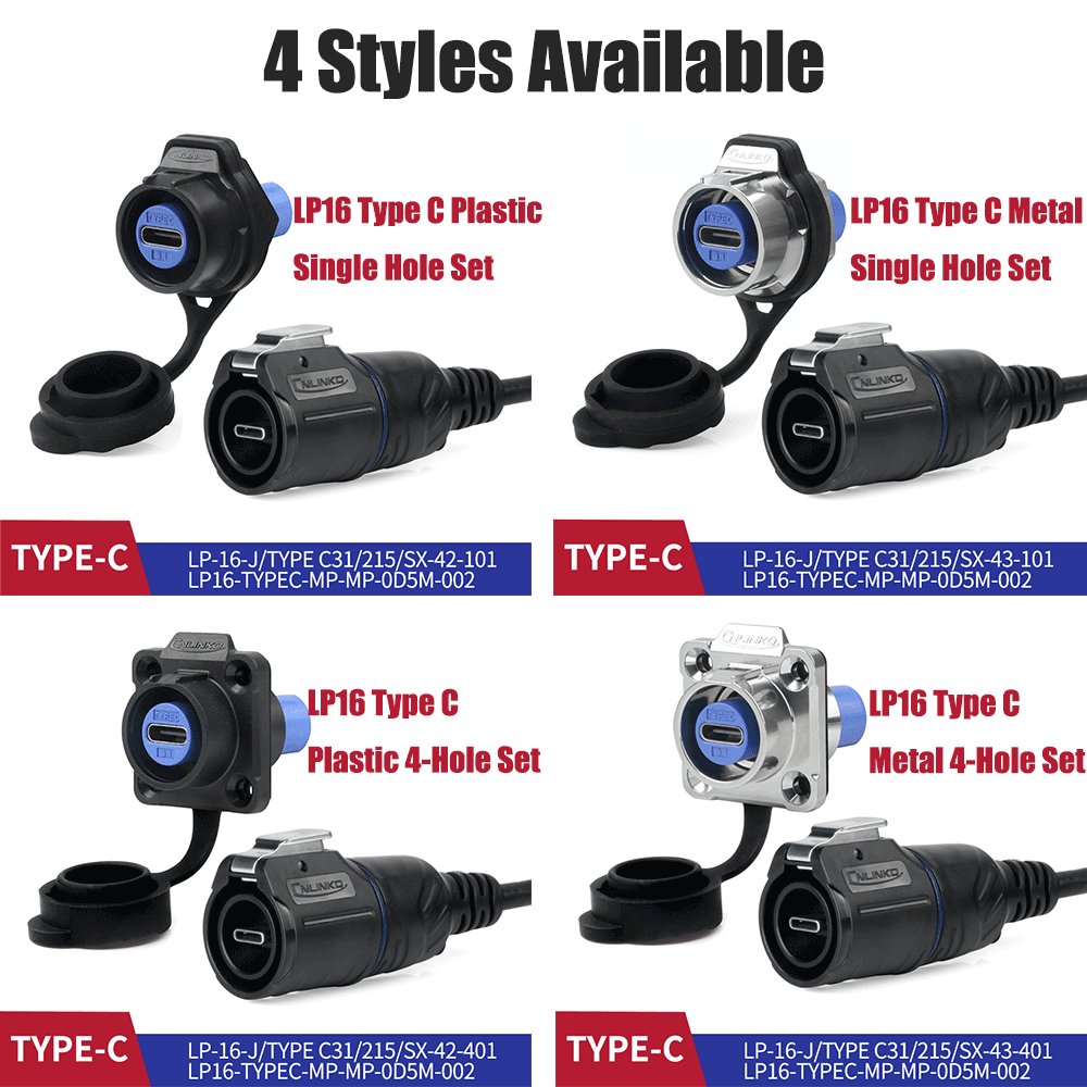 Supplier Cnlinko LP16 Plastic Single Hole Set industrial fast data transfer plug socket usb type c waterproof connector