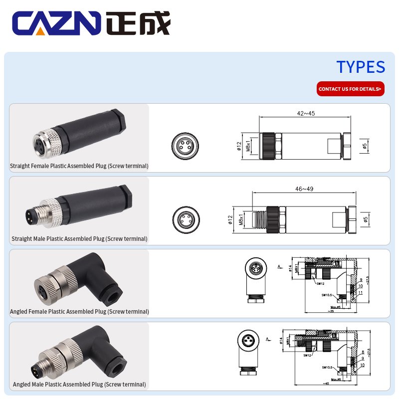 IP67 M8 Straight Male Female Plastic Assembled Plug Screw Terminal ICE Specifications 3 4 Pin Industry Standard Connector
