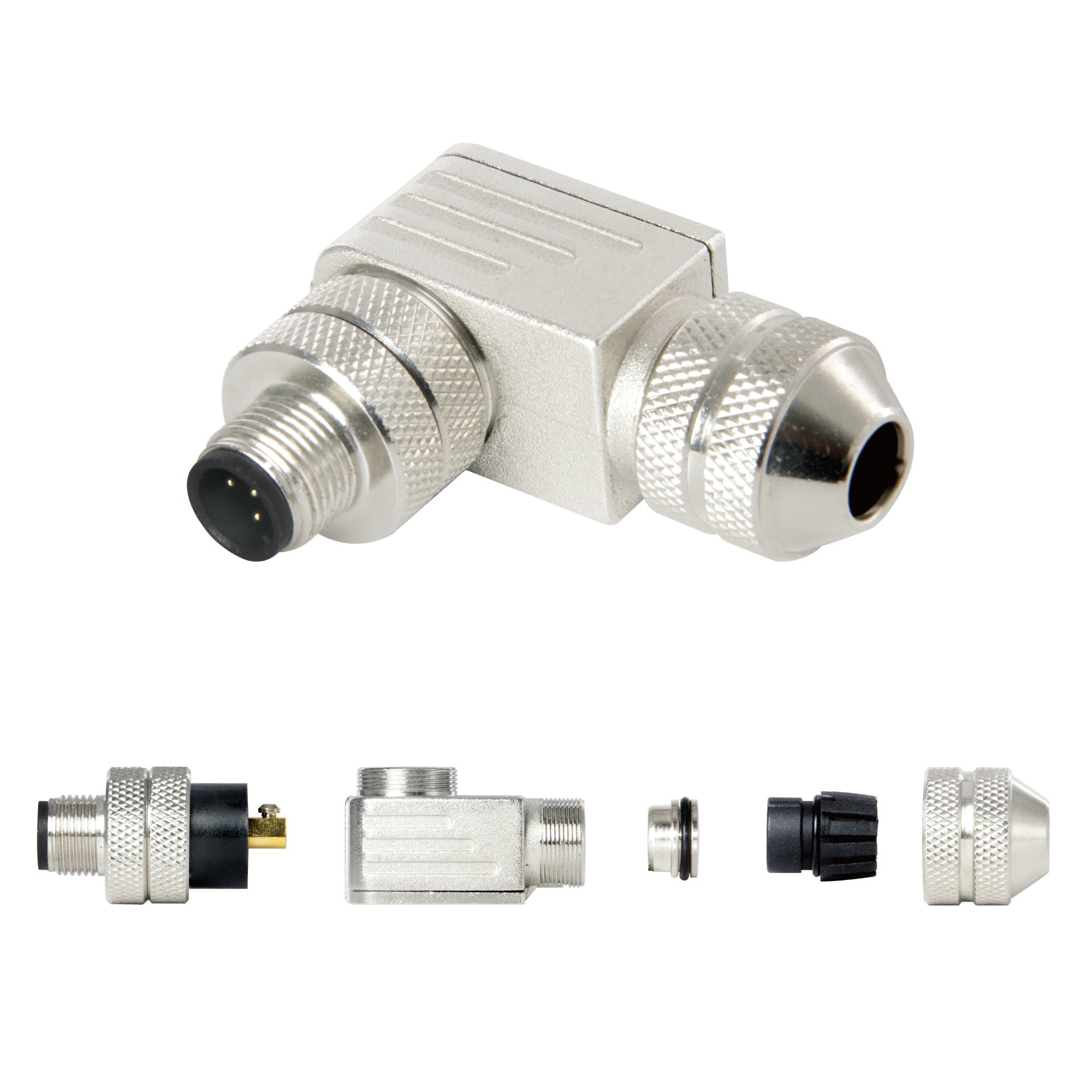 M12 Waterproof Right Angle Metal Assembly Connector Field installable Wirable Screw Joint