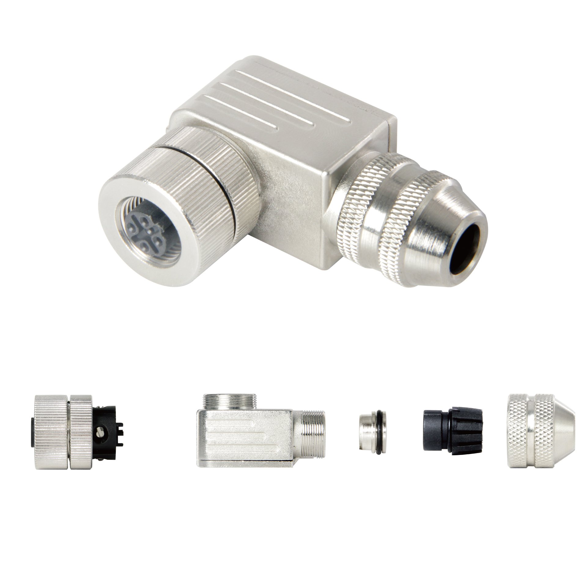 M12 Waterproof Right Angle Metal Assembly Connector Field installable Wirable Screw Joint