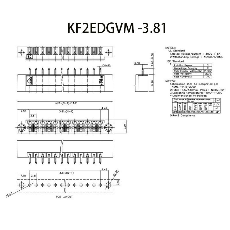 Factory price KF2EDGVM-3.81 Plug-in PCB terminal block 3.81mm terminal connector