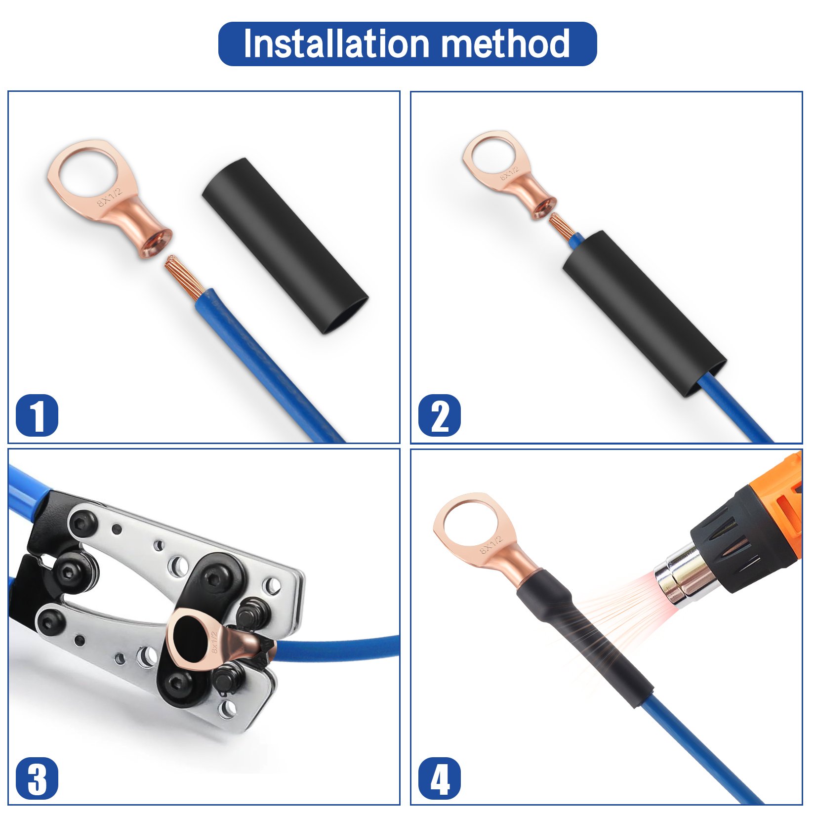 1AWG*5/16 Battery Lugs Battery Cable Ends Battery Terminal Connectors Heavy Duty Wire Lugs Ring Terminals