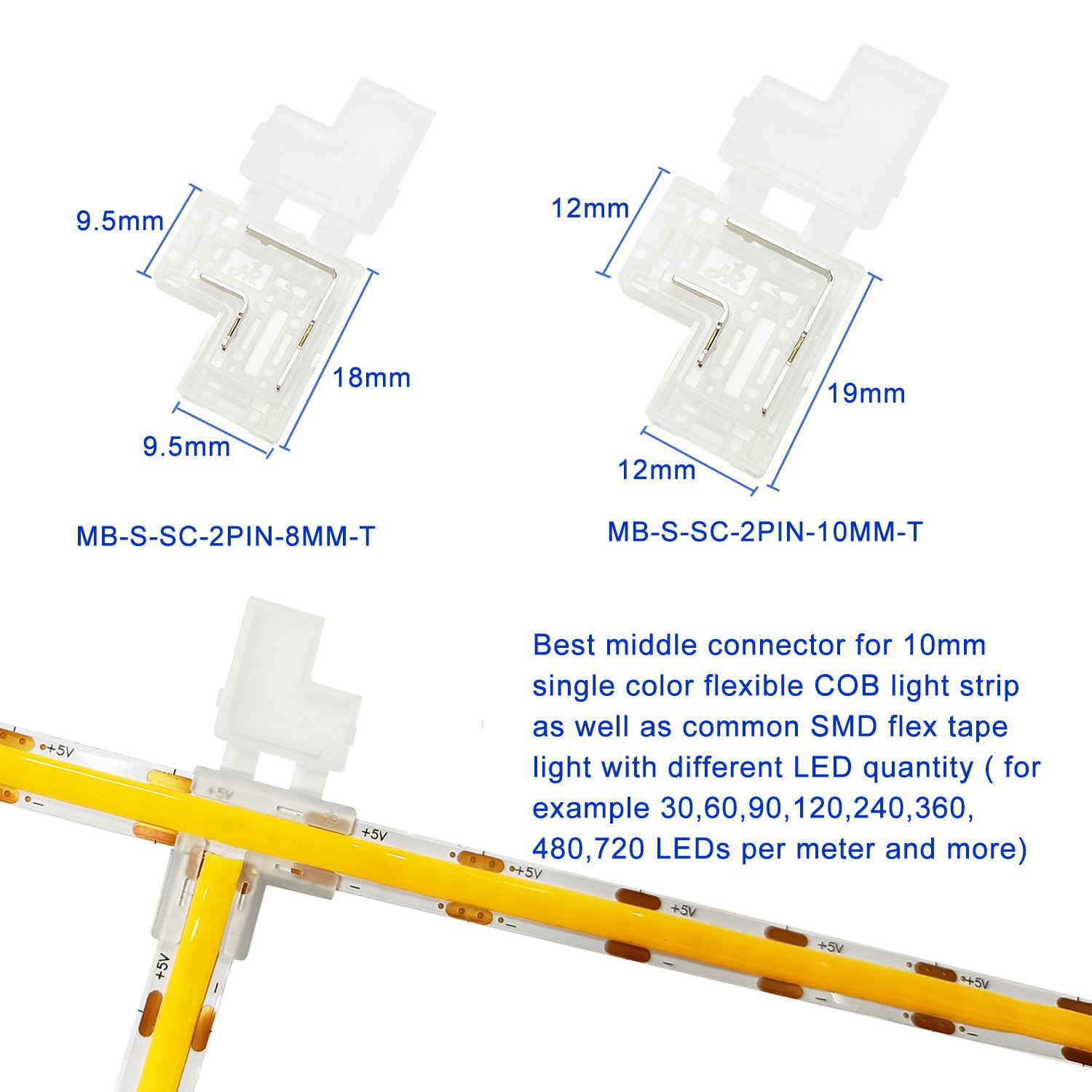 Factory Wholesale 8mm 10mm Gapless SMD COB Led Strip Connectors L Shape T Shape 2 Pin Cob Led Corner Connectors