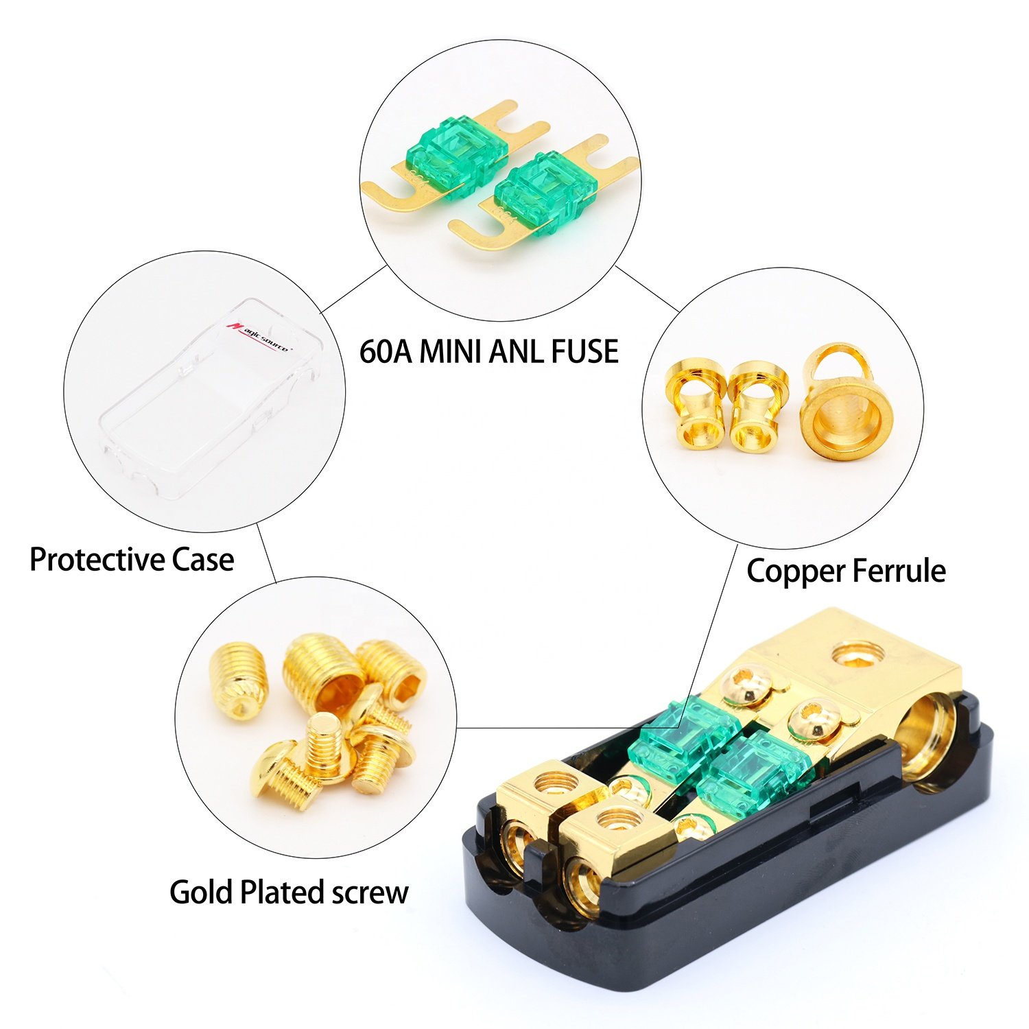 2 Way Mini ANL Fuse Holder, Copper 0/2/4 Gauge to 4/6/8 Gauge 60 Amp Fuse Distribution Block for Car Truck Boat Audio Stereo