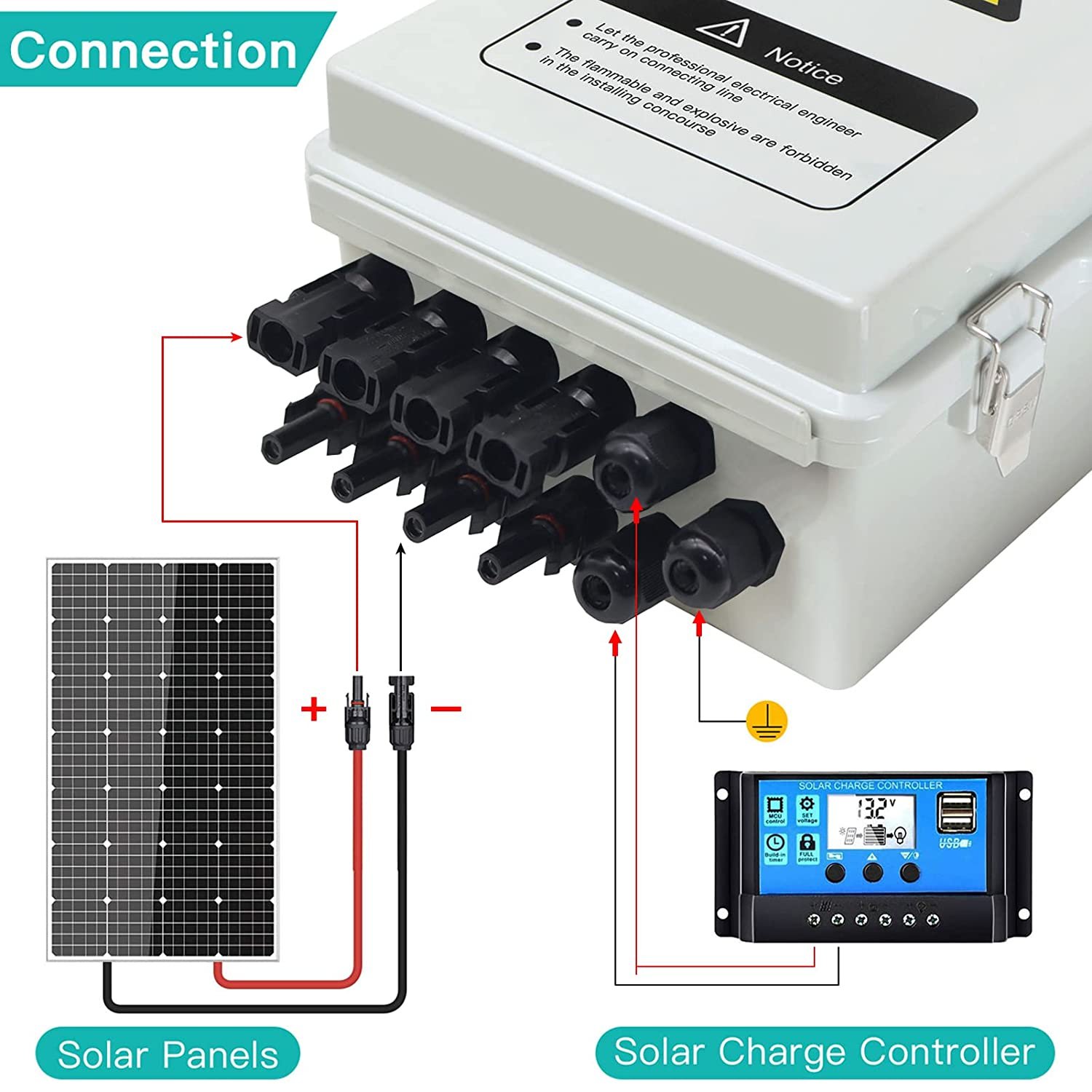 4 String PV Combiner Box for Solar with Lightning Catch 15a fuse holder and 63a mcb IP65 Waterproof for On/Off Grid system
