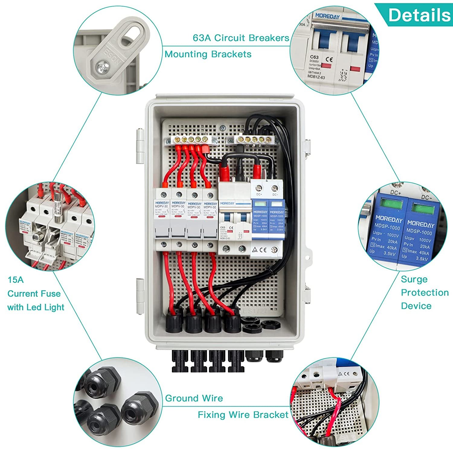 4 String PV Combiner Box for Solar with Lightning Catch 15a fuse holder and 63a mcb IP65 Waterproof for On/Off Grid system
