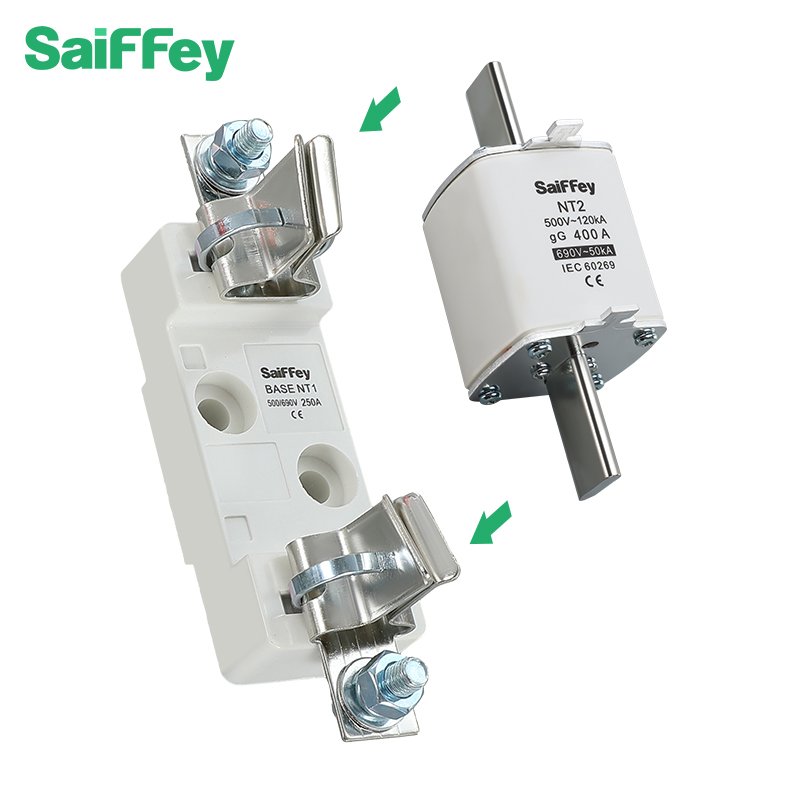 Saiffey High Quality HRC Ceramic+Copper NT Type Blade Fuse Block Links with 500V 120KA gG 400A NT2 Electric Fuse Link