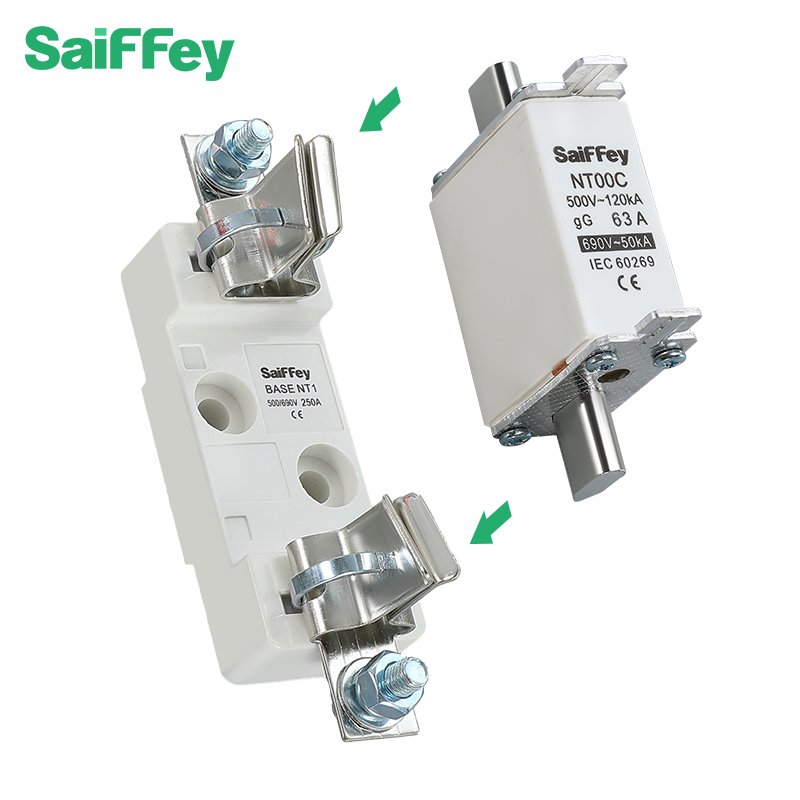 Saiffey NT00C 63A AC 500/690V gG Knife Type Fuse Link and Base Square Fast-acting Copper Cartridge Fuse