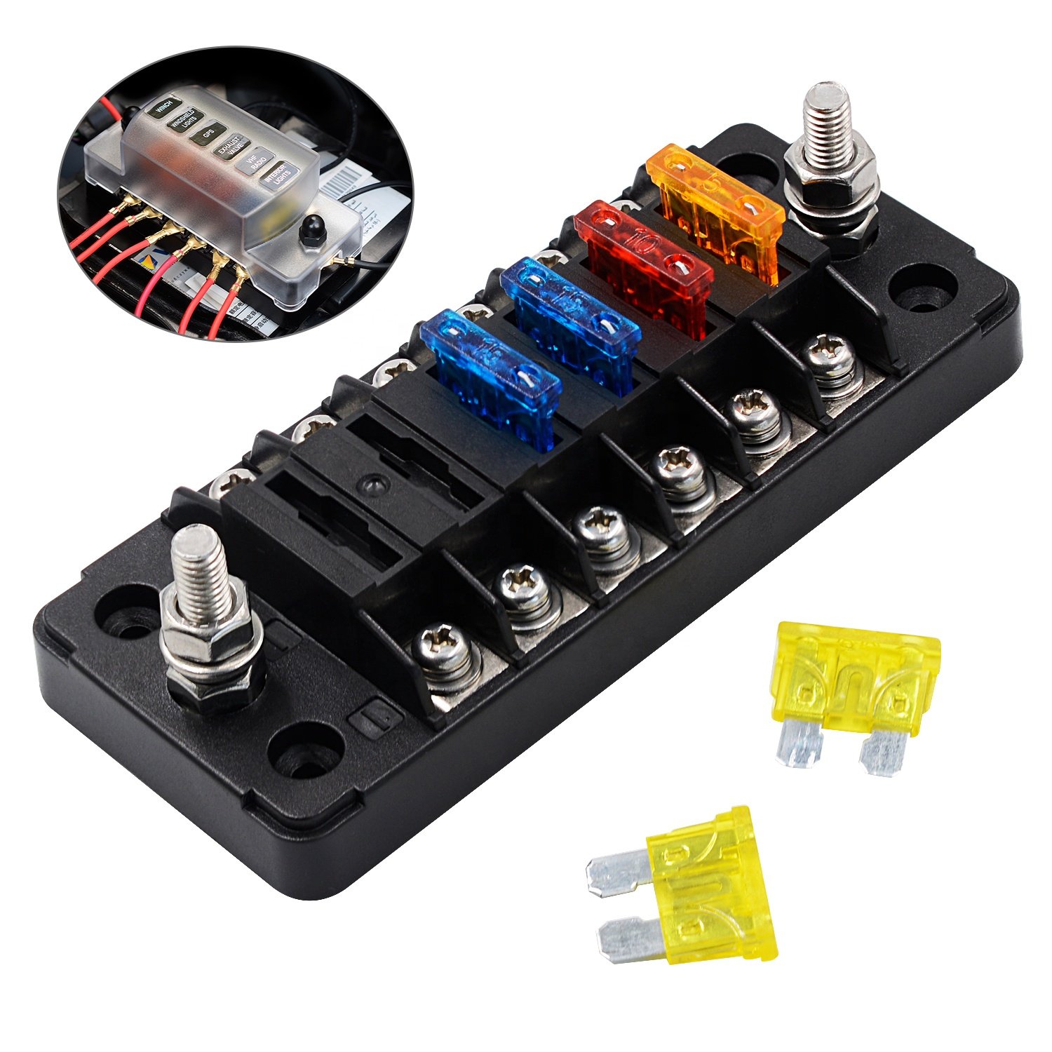 Long 6-way Independent Positive Negative Fuse Box With 12 Fuse Strips Car Vehicle Bus Fuse Holder Auto Parts Accessories