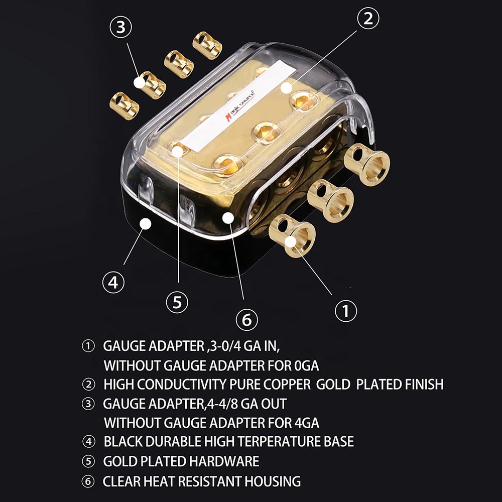 4 Way Copper Power Distribution Block for Car Audio 0/2/4 Gauge in 4/8 Gauge out Splitter Components