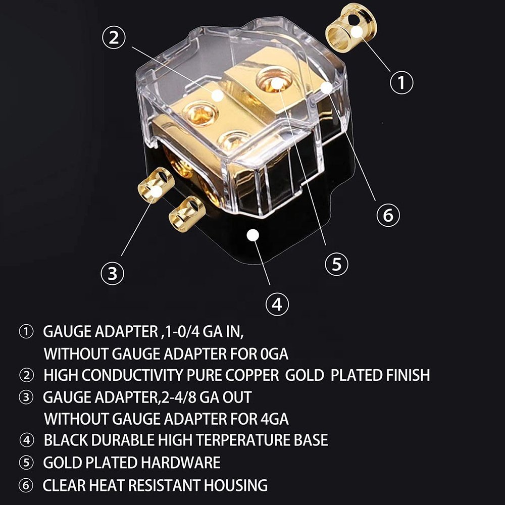 2 Way Copper Power Distribution Block for Car Audio 0/2/4 Gauge in 4/8 Gauge out Splitter Components