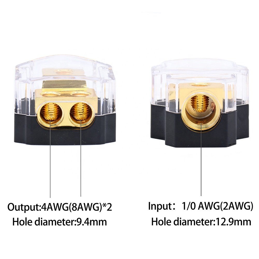 2 Way Copper Power Distribution Block for Car Audio 0/2/4 Gauge in 4/8 Gauge out Splitter Components