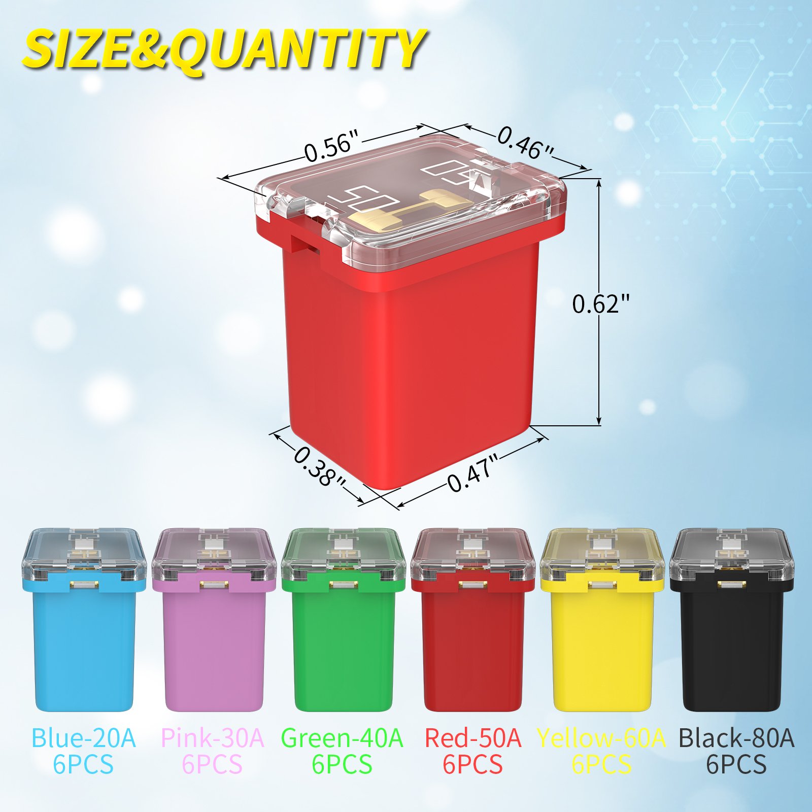 36pcs Fuse Kit 20A 30A 40A 50A 60A 80A Jcase Fuse Automotive Tall/Standard And Low Profile Jcase Box Shaped Fuses Assortment Kit